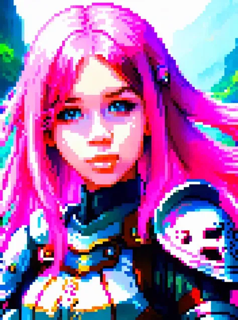 Photo of a girl,anime still,pink hair, full armor,