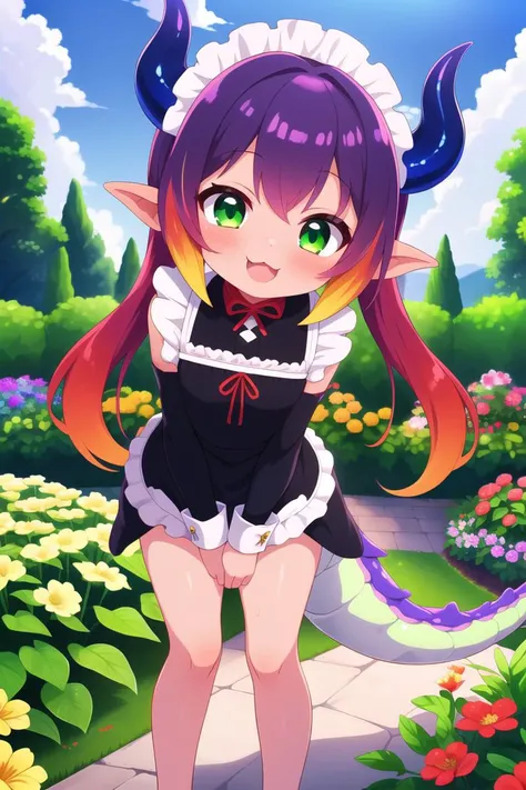masterpiece, best quality, ultra detailed, anime style, 1girl, young, cute, (oily skin), (shiny skin), (skinny), (thin legs), dragon girl, dragon horns, dragon tail, long hair, gradient hair, multicolored hair, green eyes, standing, maid costume, flower, garden, outdoor, warm, beautiful face, happy, :3, ;D