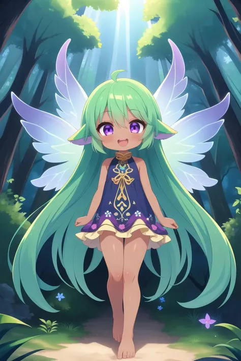 masterpiece, best quality, ultra detailed, anime style, 1girl, young, cute, (oily skin), (shiny skin), (skinny), (thin legs:1.20), dark skin, tan skin, long flowing hair, emerald green hair, purple eyes, bohemian dress, floral patterns, (ethereal aura:1.0), bare feet, mystical forest, bioluminescent plants, whimsical, dreamy eyes, calm, twilight, :d, upper teeth only, animal ears,