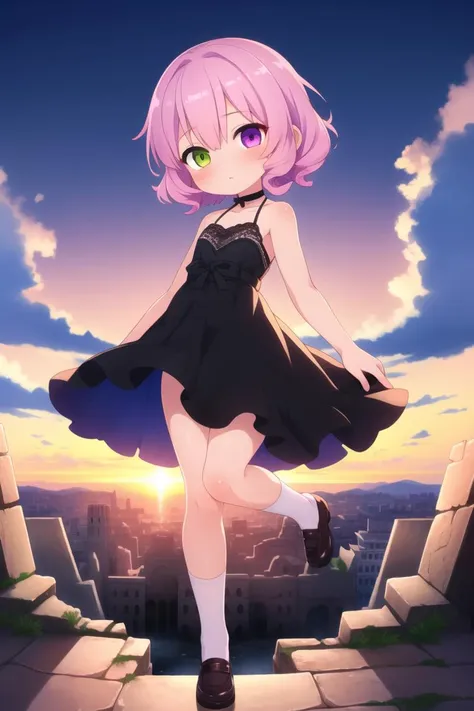 masterpiece, best quality, ultra detailed, anime style, 1girl, young, cute, (oily skin), (shiny skin), (skinny), (thin legs:1.20), short curly hair, violet hair, gradient hair, heterochromia eyes, victorian dress, lace dress, white socks, (graceful posture:1.0), delicate hands, ancient ruins, floating islands, mystical, serene expression, hopeful, sunrise, full body shot, side pov, upon city, old city in background,