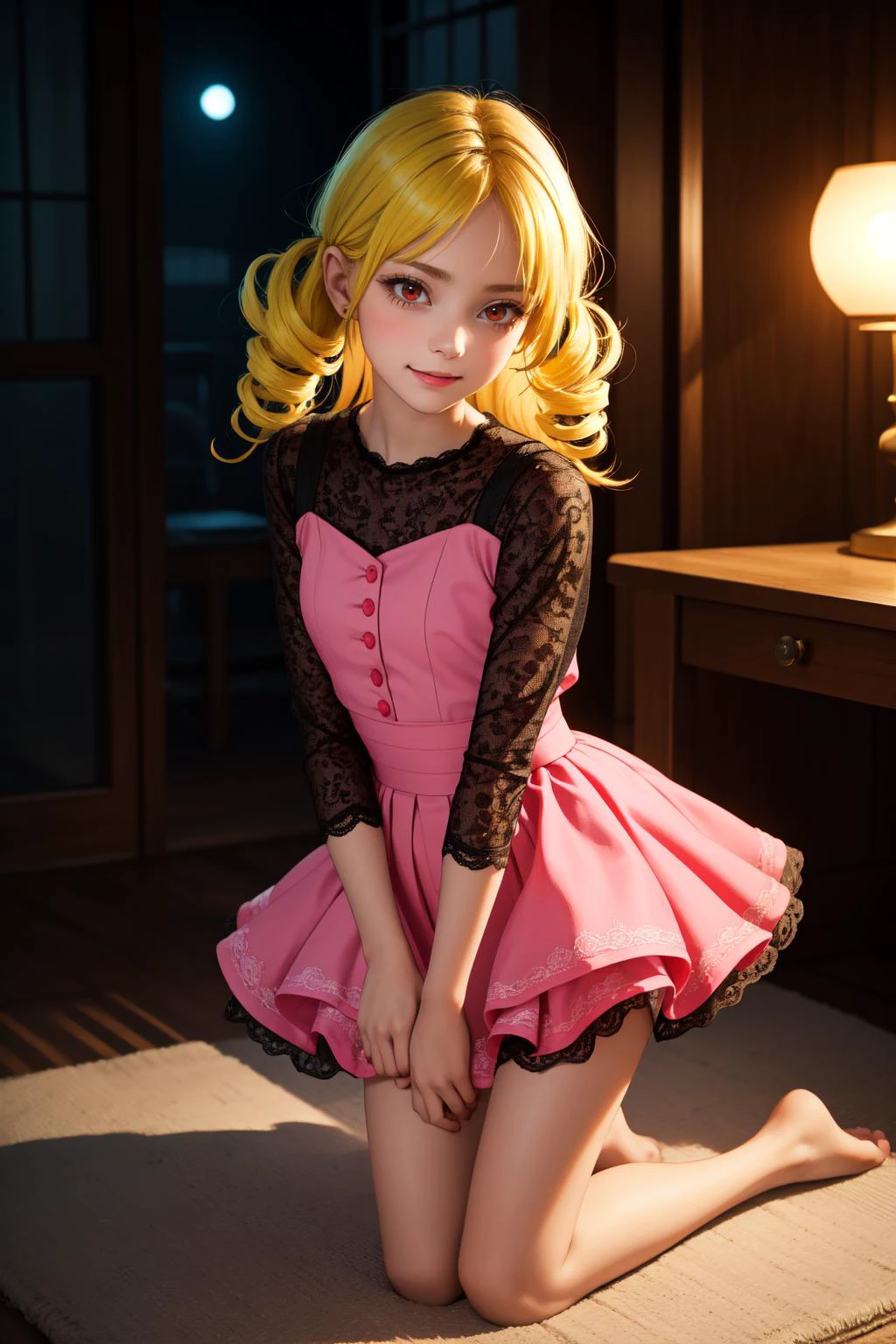 (masterpiece, best quality, SFW:1.2), elegant, max detail, post-processing, bioluminescent details
BREAK
1girl, amused, looking down, forehead, (cute, petite:1.2), flat_chest, (yellow hair, ringlets:1.2), (red eyes:1.2)
BREAK
(lace trim medium spring green blouse, hotpink petticoat, barefoot)
BREAK
close-up, legs apart
BREAK
indoors, infirmary