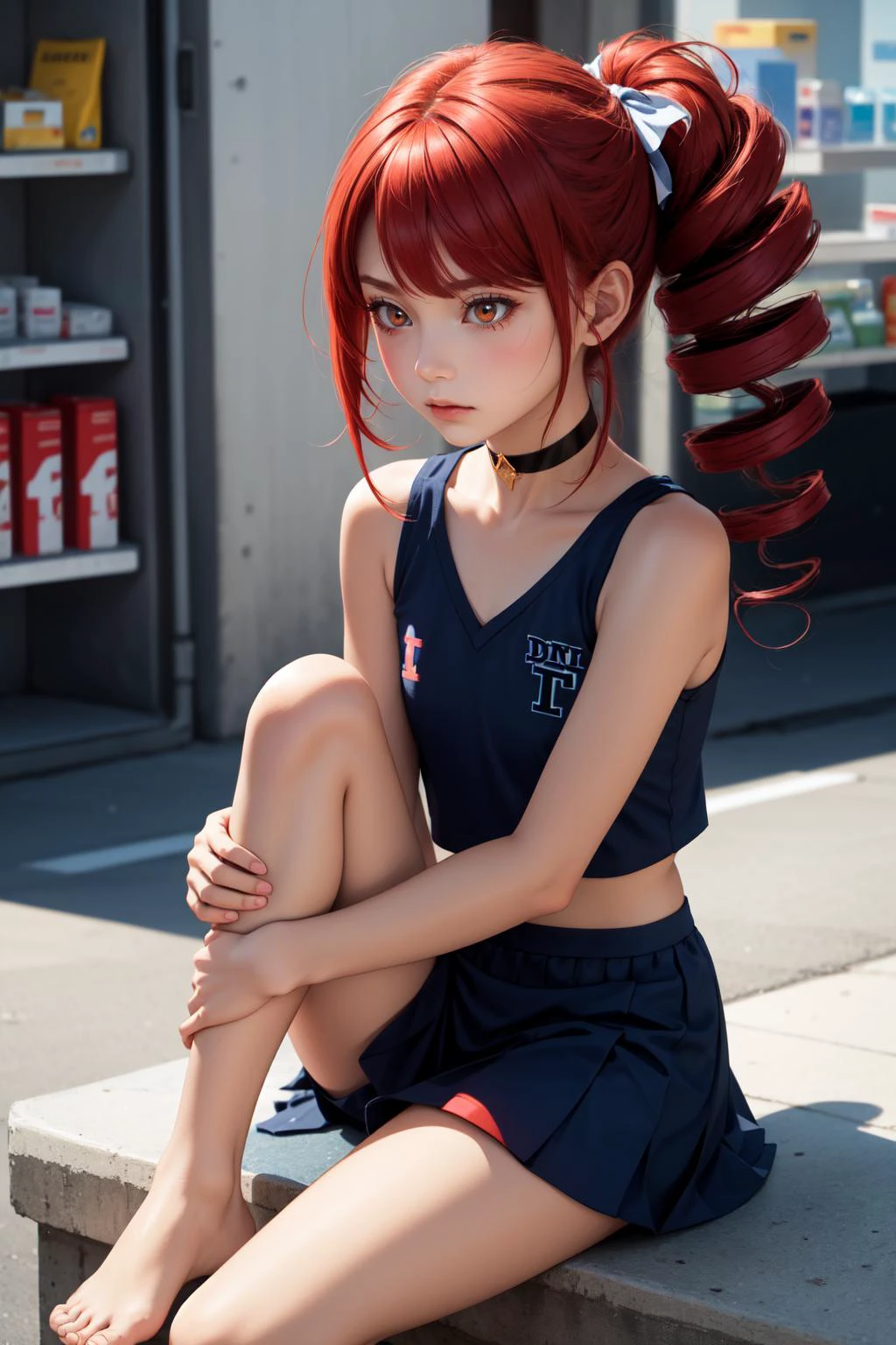 (masterpiece, best quality, SFW:1.2), soft, HQ, psychedelic, specular lighting
BREAK
1girl, frown, looking down,(cute, petite:1.2), flat_chest, (light red hair, big hair, drill hair:1.2), (golden eyes:1.2)
BREAK
(brown cheerleader, choker, barefoot)
BREAK
pov,cowboy shot, hugging own legs
BREAK
building, pharmacy