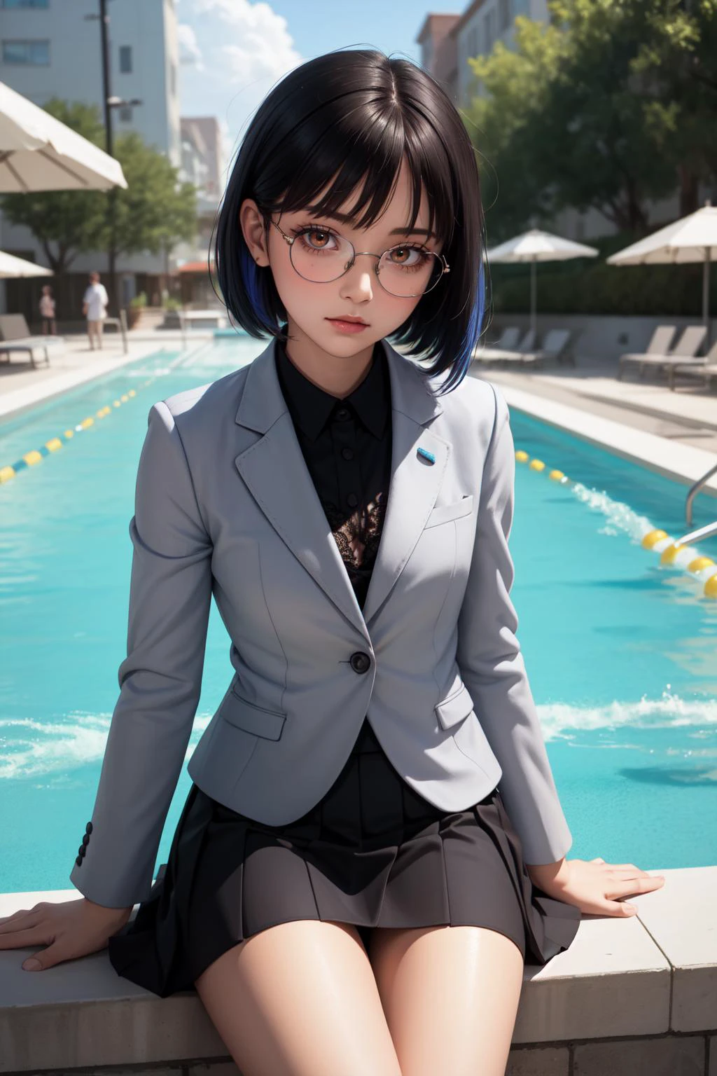 (masterpiece, best quality, SFW:1.2), elegant, spirals, aesthetic, hard shadows
BREAK
1girl, coy, looking up, forehead, (cute, petite:1.2), flat_chest, hips, legs, thighs, (blue violet hair, asymmetrical sidelocks:1.2), (orange_colored eyes:1.2)
BREAK
(dark brown blazer, white shiny peacoat, brown microskirt, lace panties, glasses)
BREAK
atmospheric perspective,breast focus,portrait, sitting
BREAK
outdoors, waterpark