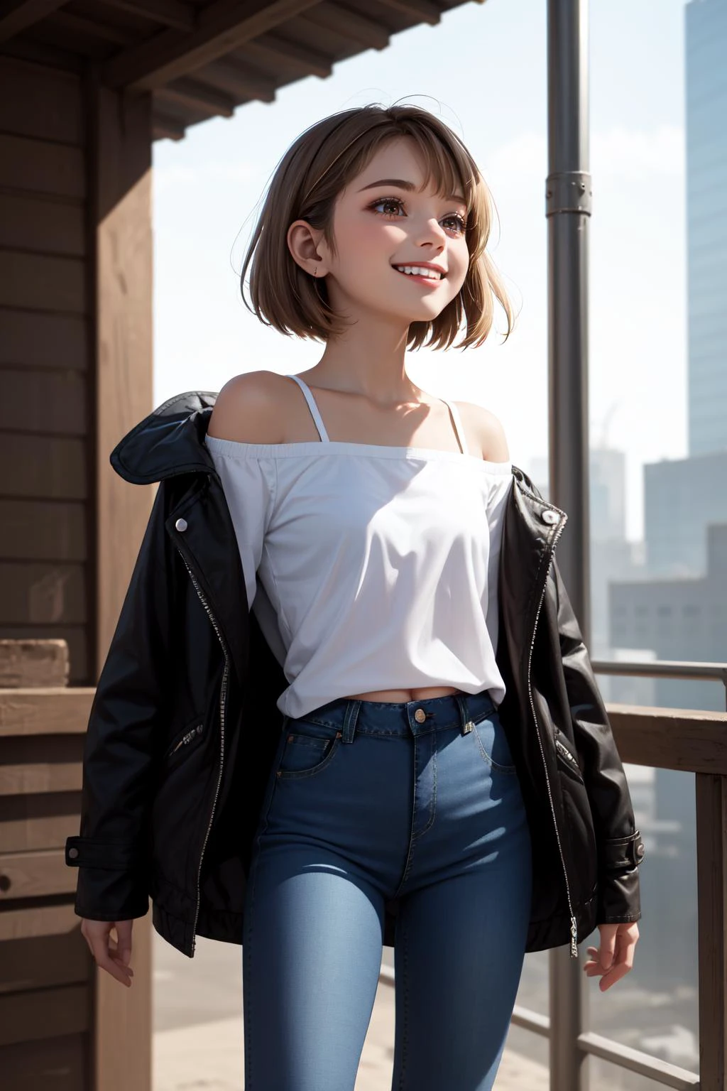 (masterpiece, best quality, SFW:1.2), celestial, breathtaking, low contrast, translucency
BREAK
1girl, happy, grin, looking up,(cute, petite:1.2), flat_chest, (light brown hair, very short hair:1.2), (bright white eyes:1.2)
BREAK
(lace trim black off-shoulder shirt, jacket, see-through, dark gray jeans, kneehighs)
BREAK
cowboy shot, legs together,w arms
BREAK
building, hut