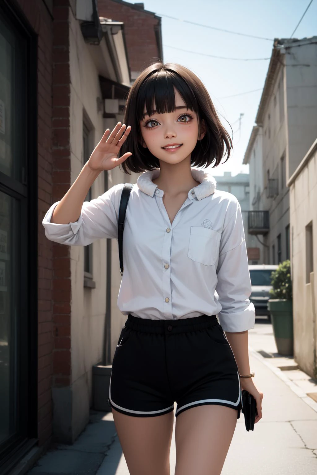 (masterpiece, best quality, SFW:1.2), evocative, filigree, tone mapping, translucency
BREAK
1girl, sleepy, grin, looking down, forehead, (cute, petite:1.2), flat_chest, (white shiny hair, asymmetrical bangs:1.2), (white eyes:1.2)
BREAK
(fur trim orange_colored shirt, dolphin shorts)
BREAK
portrait, waving
BREAK
outdoors, alley