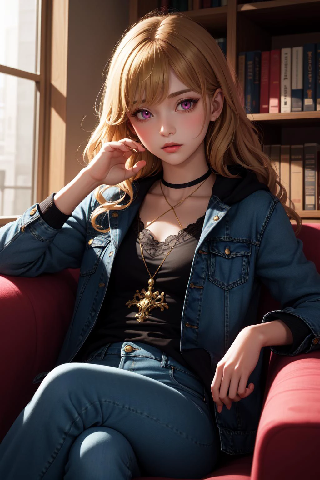 (masterpiece, best quality, SFW:1.2), digital painting, ornate, low saturation , god rays
BREAK
1girl, stubborn, looking down, forehead, (cute, petite:1.2), flat_chest, (golden hair, okappa, wavy hair, crossed bangs:1.2), (darkmagenta eyes:1.2)
BREAK
(hotpink halterneck, winter coat, gold trim, indigo jeans)
BREAK
dutch angle,upper body, crossed legs,arm rest
BREAK
indoors, library