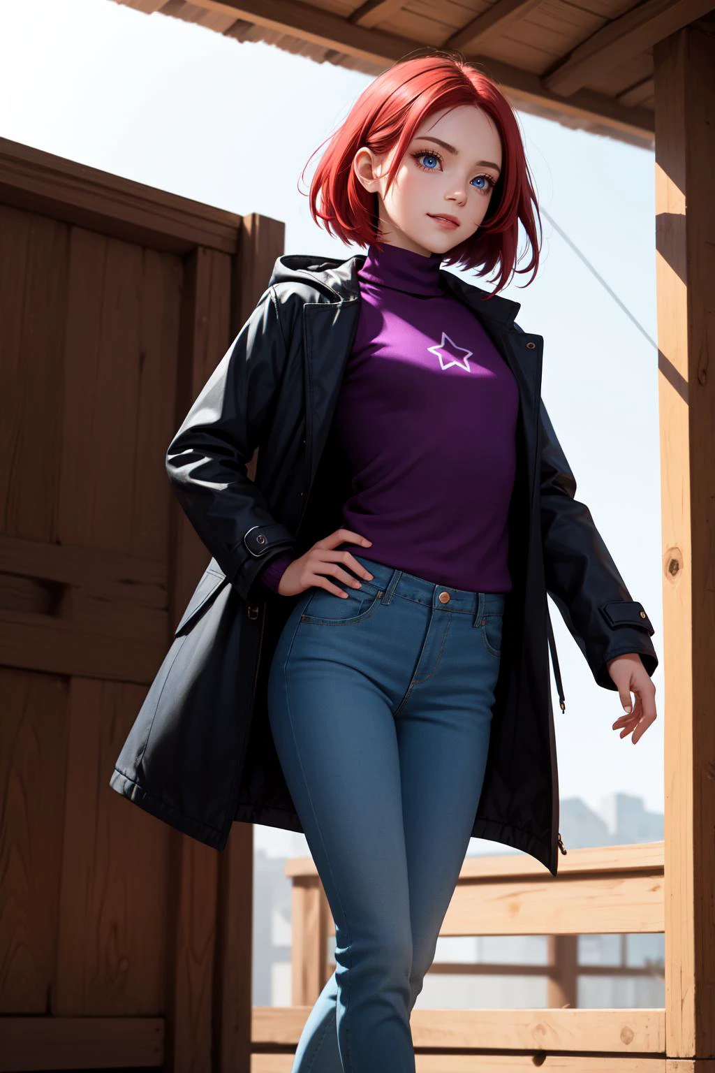 (masterpiece, best quality, SFW:1.2), evocative, tendrils, low saturation , specular lighting
BREAK
1girl, disgust, grin, looking down, forehead, (cute, petite:1.2), flat_chest, hips, thin legs, thick thighs, (medium violet red hair, star-shaped hair, straight hair, single hair intake:1.2), (light blue eyes:1.2)
BREAK
( sweater, purple winter coat, gold trim, lowleg pants)
BREAK
ass focus, leg lift,v arms
BREAK
building, stilt house