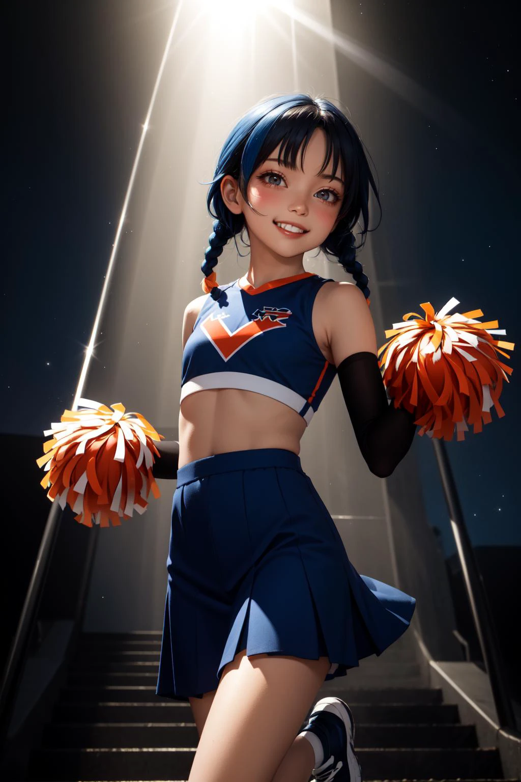 (masterpiece, best quality, SFW:1.2), digital art, hard edge, vivid color, god rays
BREAK
1girl, hurt, grin, looking down,(cute, petite:1.2), flat_chest, (deep_blue hair, medium hair, tri braids:1.2), (dark brown eyes:1.2)
BREAK
(orange_red_colored cheerleader)
BREAK
perspective, standing on one leg
BREAK
building, space elevator