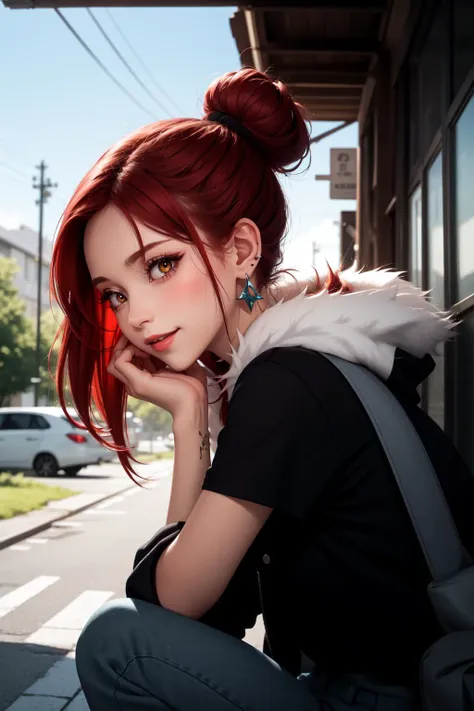 (masterpiece, best quality, SFW:1.2), shiny, angelic, aesthetic, halo
BREAK
1girl, bad, grin, looking down, forehead, (cute, petite:1.2), flat_chest,  (deep red hair, topknot:1.2), (white eyes:1.2)
BREAK
(deep red t-shirt,  fur coat, gainsboro buruma, earrings)
BREAK
back focus,Long Shot, fetal position
BREAK
outdoors, rope bridge