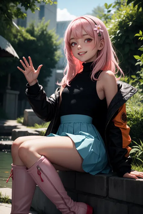 (masterpiece, best quality, SFW:1.2), smooth, spirals, tone mapping, bioluminescent details
BREAK
1girl, curious, grin, looking down,(cute, petite:1.2), flat_chest, (light pink hair, long hair, messy hair:1.2), (light red eyes:1.2)
BREAK
( sleeveless turtleneck, flower trim gainsboro jacket, orange_colored long skirt, , socks, thigh boots)
BREAK
perspective,armpit focus, legs apart,waving
BREAK
outdoors, stream