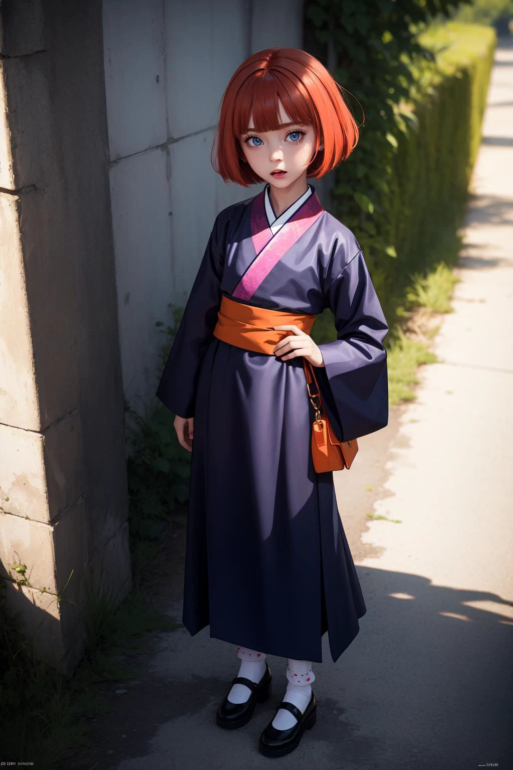 (masterpiece, best quality, SFW:1.2), official art, filigree, post-processing, hard shadows
BREAK
1girl, shocked, looking up, forehead, (cute, petite:1.2), flat_chest, (orange_red_colored hair, bob cut:1.2), (blue violet eyes:1.2)
BREAK
( hanbok, tube socks)
BREAK
from above,full body, contrapposto
BREAK
outdoors, aqueduct