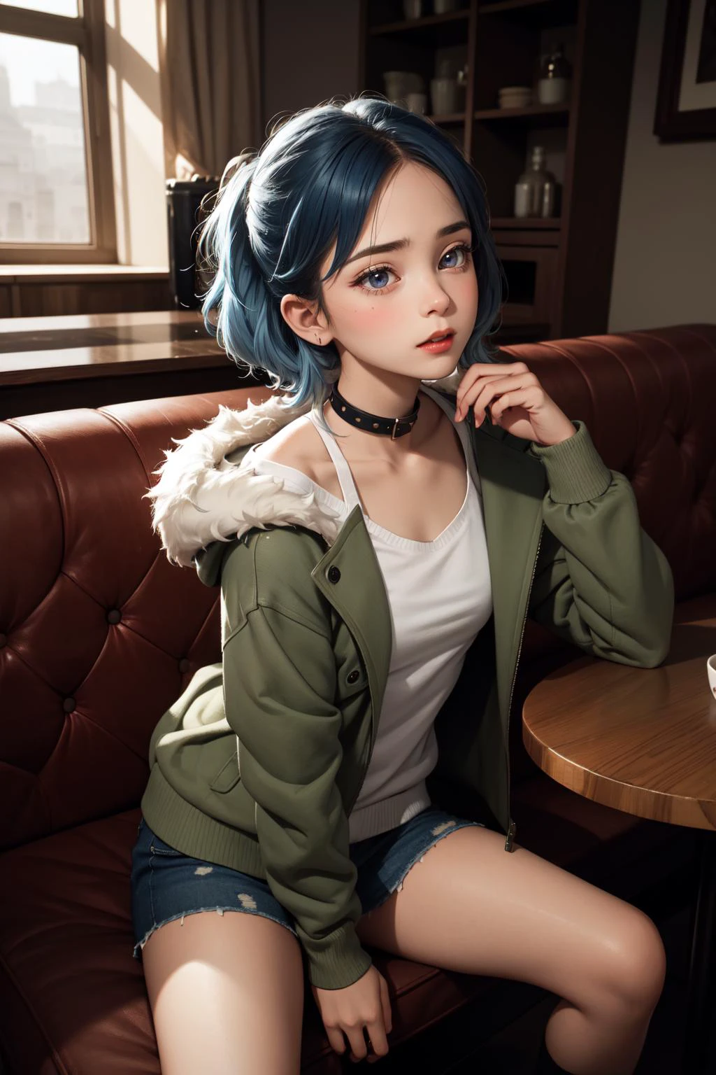 (masterpiece, best quality, SFW:1.2), fine art, lush detail, vintage, diffused lighting
BREAK
1girl, flustered, looking up, forehead, (cute, petite:1.2), flat_chest, (blue hair, drill hair:1.2), (khaki eyes:1.2)
BREAK
(torn clothes sweater, taut shirt fur coat, fur trim, dark red buruma, collar)
BREAK
breast focus,portrait, legs apart
BREAK
building, cafe