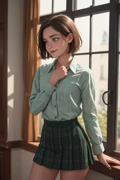 Masterpiece, portrait, 8k, 28 year old French woman, detailed face, freckles, (beautiful green eyes:1.1), detailed hands, short brown hair with shaved sides, (flat_chest), skinny, standing by window, down blouse, open shirt, plaid green miniskirt, looking away, amused expression,