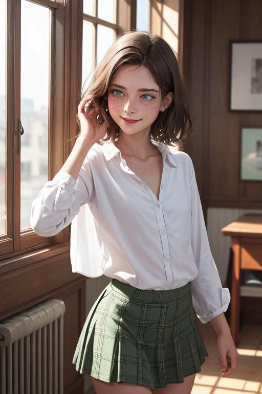 Masterpiece, portrait, 8k, 28 year old French woman, detailed face, freckles, (beautiful green eyes:1.1), detailed hands, short brown hair with shaved sides, (flat_chest), skinny, standing by window, down blouse, open shirt, plaid green miniskirt, looking away, amused expression,