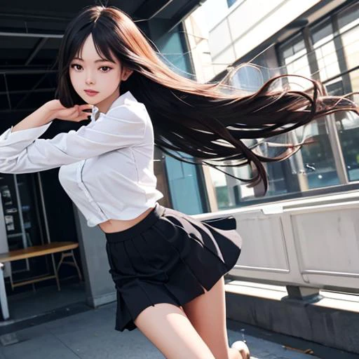 masterpiece, best quality,1girl,dynamic pose,mini skirt,white shirt,slender body, <lora:LCM_LoRA_Weights_SD15:0.2>