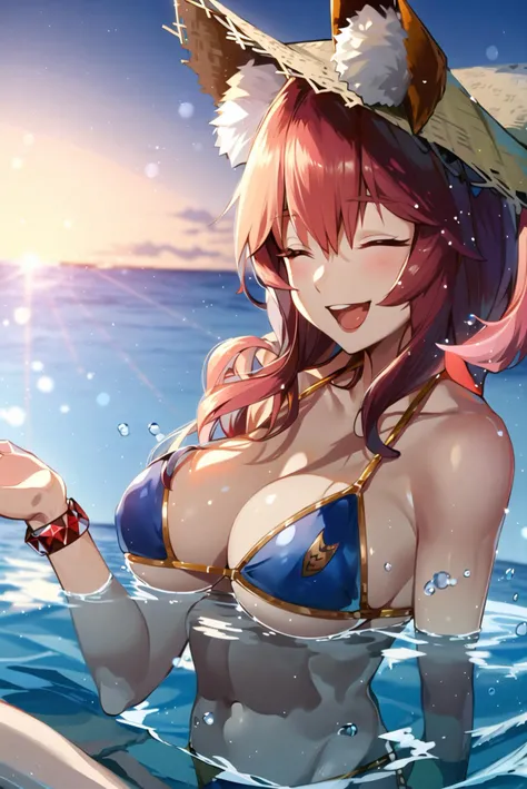 ((masterpiece,best quality, detailed)),
outdoors, ocean, water, in water, smile, open mouth, closed eyes,
<lora:TamamoV1:0.8>, tamamo no mae, blue bikini, bracelet