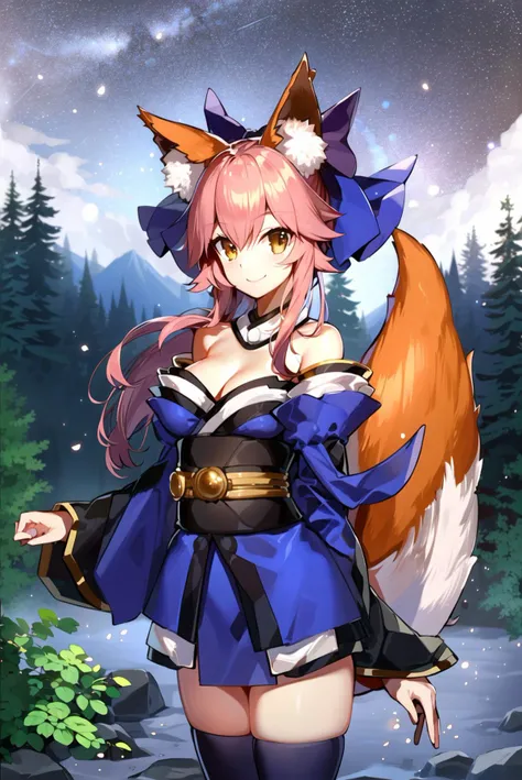 ((masterpiece,best quality, detailed)),
outdoors, night, wide shot, forest, village, night sky, smile, standing,
<lora:TamamoV1:0.7>, tamamo no mae, japanese clothes, blue thighhighs, short kimono, blue bow, sash, fox tail