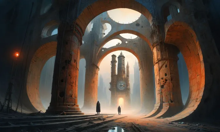 beksinski, A majestic stone structure with a tall, cylindrical tower adorned with a metal railing and clock face, partially built with scaffolding visible, set against a sky of blue and orange hues, suggesting dawn or dusk, on barren ground
