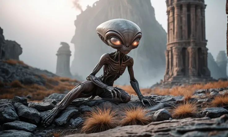 alien-themed Imposing stone towers and pillars, covered in smoke and fog, stand in an ancient, ruined city, with a mix of brown and gray hues . extraterrestrial, cosmic, otherworldly, mysterious, sci-fi, highly detailed