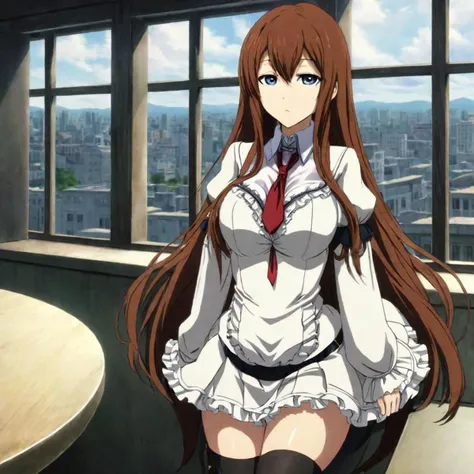 Masterpiece, anime screencap, 20 year old woman in a white frilled dress, (Kurisu Makise), long hair, cleavage, (large breasts), large hips, penthouse, window, 4k, Steins;Gate
