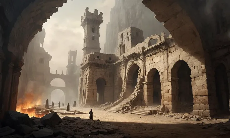 A desolate ancient city in ruins, with tall stone structures and a tower partially shrouded in smoke, set against a backdrop of brown and gray