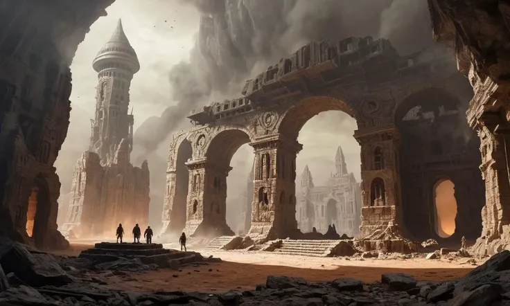 alien-themed A desolate ancient city in ruins, with tall stone structures and a tower partially shrouded in smoke, set against a backdrop of brown and gray . extraterrestrial, cosmic, otherworldly, mysterious, sci-fi, highly detailed