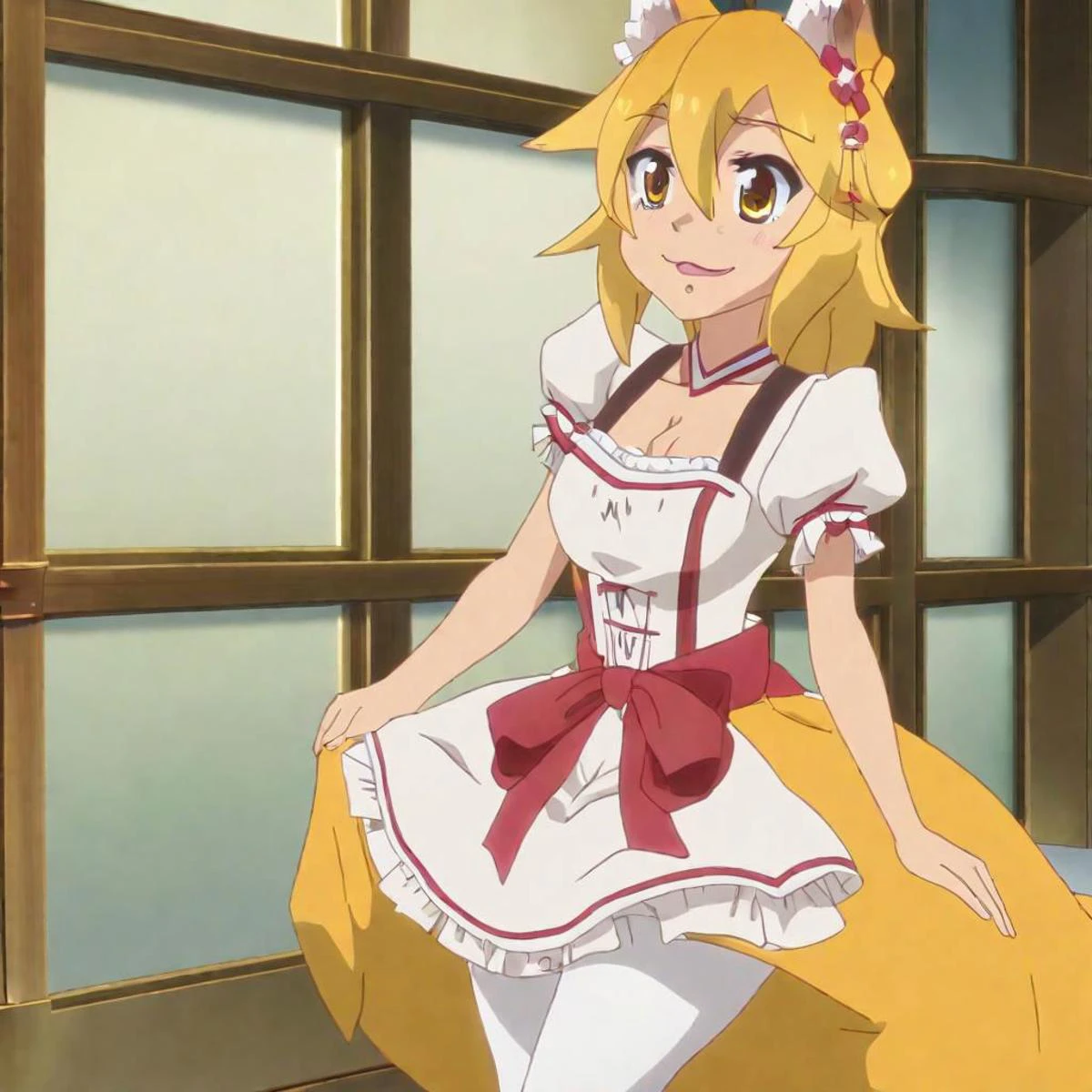 Masterpiece, anime screencap, 20 year old woman in a pink frilled dress, (senko-san miko), long hair, blonde hair, beautiful eyes, cleavage, (huge breasts), large breasts, large hips, penthouse, window, 4k