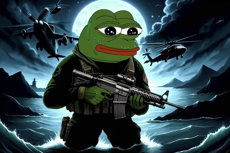 A tactical Navy Seal (Pepe the Frog:1.2) emerging from water in the middle of the night,equipped with night vision goggles and armed,with a dark,stealthy background,capturing the essence of a covert military operation. The scene is wide,showcasing the vastness of the night sea and sky,enhancing the atmosphere of secrecy and danger.,pepe_frog,<lora:pepe_frog SDXL:0.75>,<lora:3d_xl_v3:0.75>,<lora:add-detail-xl:0.75>,<lora:pepe-v2:0.75>,pepe