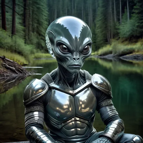 HDR photo of 1981 analog photo of a gray type alien space traveller sitting staring at its reflection in a lake in a lush Oregon valley forest at night after a long journey through deep space, age unknown, gorgeous alien, arrogant face, angry, fatigued, bitter, mature, closed mouth, closed lips, big eyes, glass cranium with visible illuminated brain, (glossy glass and crystal chunky material armour:1.5), bald, glass equipment, glass gadgets, (dim lit), highly detailed, FujiFilm, Zeiss lens, (film grain), 8k, vintage photography . High dynamic range, vivid, rich details, clear shadows and highlights, realistic, intense, enhanced contrast, highly detailed