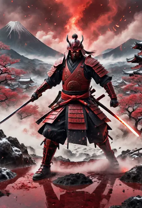 a masked mystical samurai in action against enemies with his mystical katana in a grim battle, star dusted full body armour, plumes of crimson red smokes, epic landscape detailes, ar 3:2, sengoku period, morbid, dark, key visuals, renaissance, volumetric light, battlefield, atmospheric, winter, crimson red puddles, greg retkowski style, by marc simonetti, highly realistic, incredibly detailed, ultra wide epic shot, digital art, unreal engine 5, award winning, mdjrny-v4, s-2500