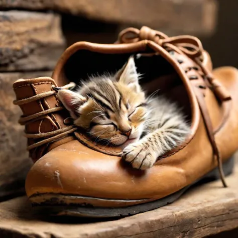 kitten sleeping in a shoe, masterpiece, 8k, high resolution, shallow depth of field, sharp focus