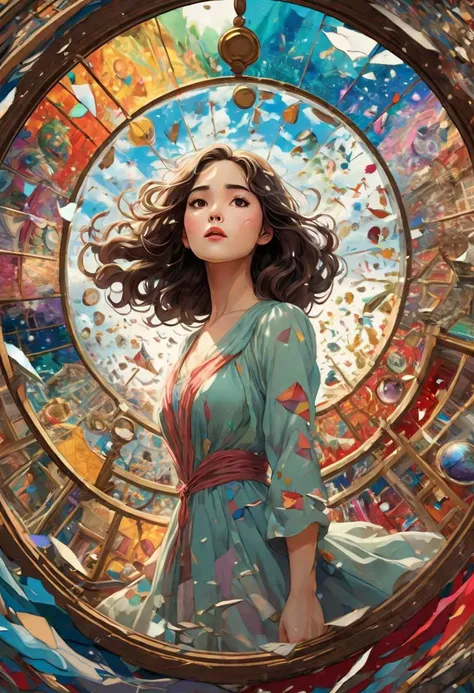 An eye-catching poster depicting an exquisite woman suspended in time, with her surroundings morphing into a kaleidoscope of colors as if seen through a shattered mirror. The artwork is inspired by the whimsical yet powerful style of Hayao Miyazaki and captures the essence of floating beauty amidst chaos.