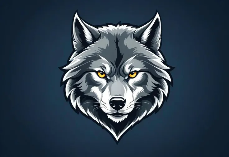 "Craft a compelling vector illustration portraying a powerful wolf head in a 2D flat style, tailored for a football team emblem or logo. Highlight the wolf's intense and determined eyes, creating a centered and commanding design that captivates attention. Infuse the illustration with a sense of strength and resilience, ensuring a clean and symmetrical appearance suitable for emblematic use. Aim for a bold and impactful representation of the wolf's head, symbolizing the team's tenacity and unity."