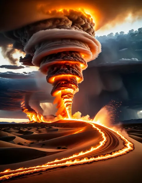 Photograph of A fiery tornado blazing through a desert, with flames dancing wildly and creating a trail of molten sand in its wake., captured on a (Hasselblad X1D II 50C)