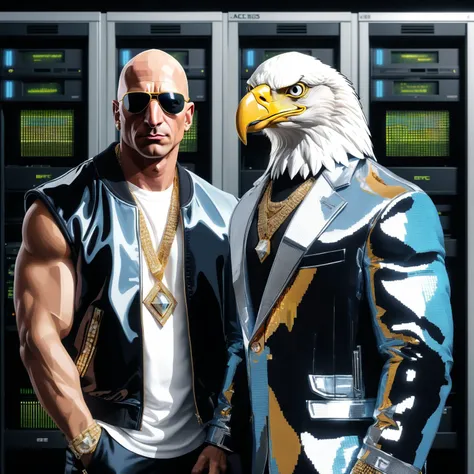 A digital illustration of a 1990s Southern rap bling style album cover titled 'E/ACC', inspired by Pen and Pixel's graphics. The title is in exaggerated, shiny, diamond-like lettering at the top. Featuring Bayes, a muscular man wearing a bald eagle mask and an 8-ball jacket, alongside Beff Jezos, a muscular bald man without a shirt, resembling a typical CEO. They stand side by side in a data center surrounded by NVIDIA GPUs. This scene highlights their muscular physiques and unique attire in a high-tech environment, combining the extravagance of bling style with modern technology.