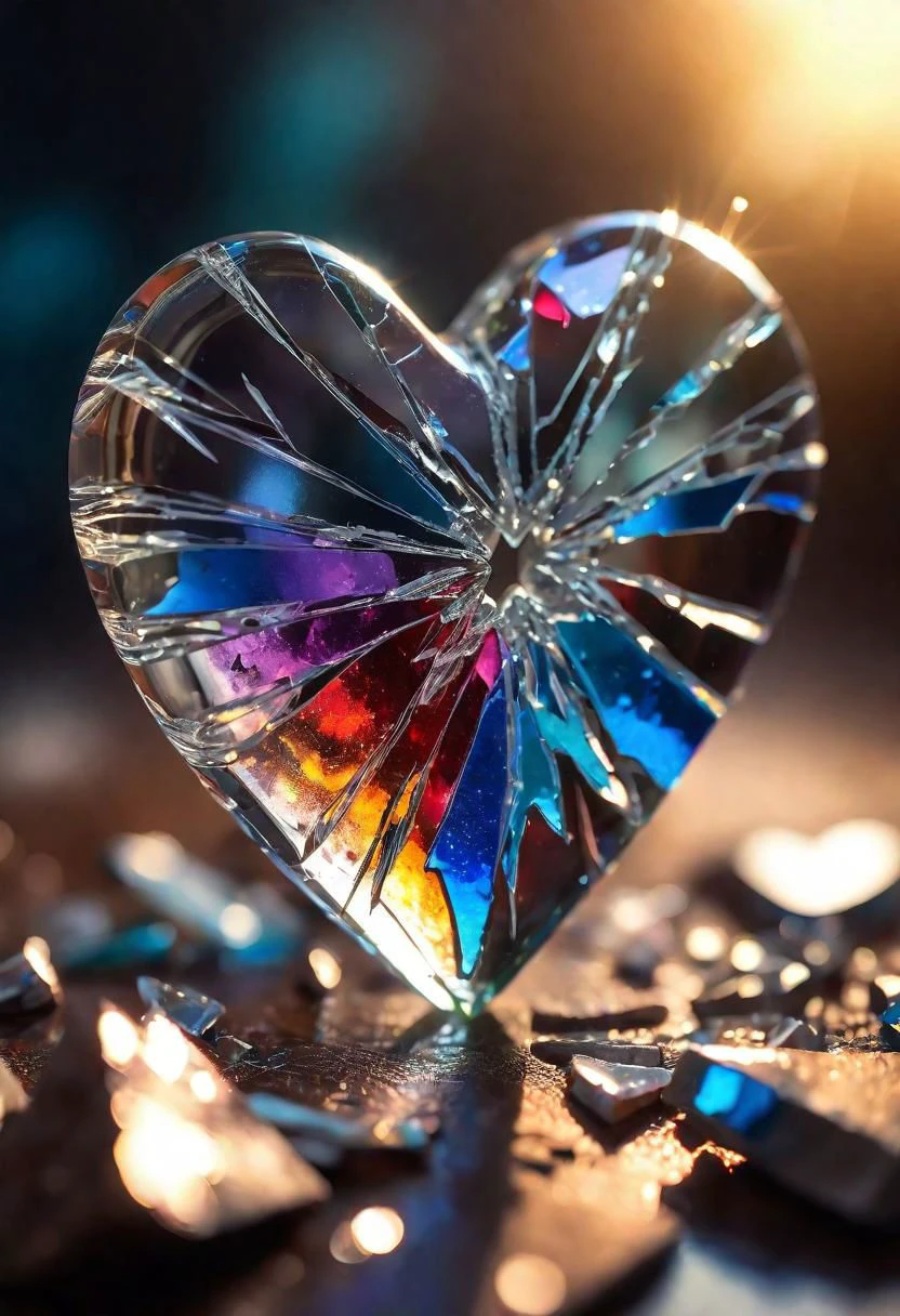 Broken glass heart in macro focus, shattered fragments reflecting vibrant hues, caught in an ethereal light.