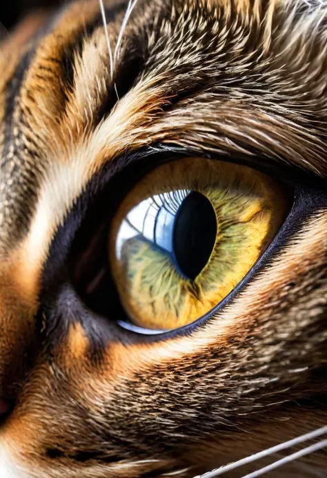 Photo of a cat's eye from side, intensely illuminated, capturing the intricate details of its iris and fur. The rest of the feline's face is hidden in shadows, creating a sense of intrigue and curiosity