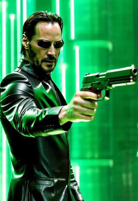 movie still of Matrix, action angle, muscular and keanu reeves in futuristic clothes with glitch aesthetics, firing a gun with his perfect hands, aiming a pistol at the viewer, sunglasses, bokeh, matrix