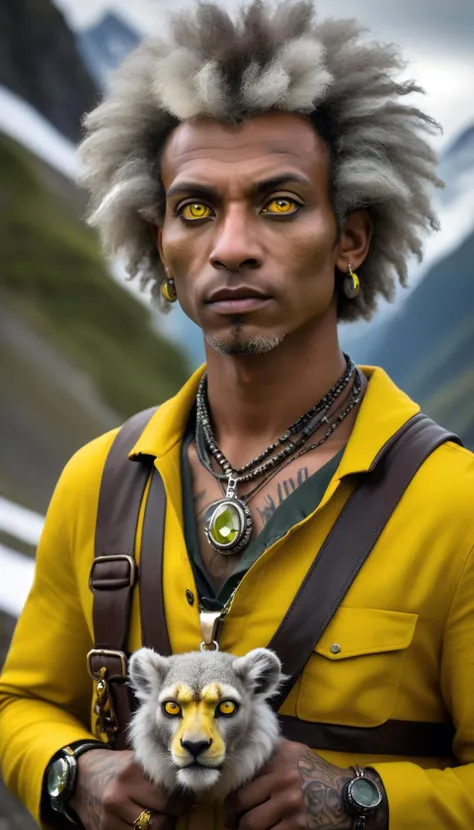 Biopunk portrait of a ((Outcast Engineer with Bright yellow eyes, Ash Gray Afro hair, and Pale Snow skin)).  (Pierced nose and Lion tattoo).  (Handbag and holds a special Peridot Pendant). Dressed in the (style of Minimalism) (with Blooming Valley in the background and accompanied by a Golden Lemur).
absurdres, masterpiece, award-winning photography, Volumetric lighting, extremely detailed, highest quality photo, RAW photo, 16k resolution, Fujifilm XT3, realistic skin, detailed face, pores, wrinkles, extreme skin detail, sharp focus, realistic texture