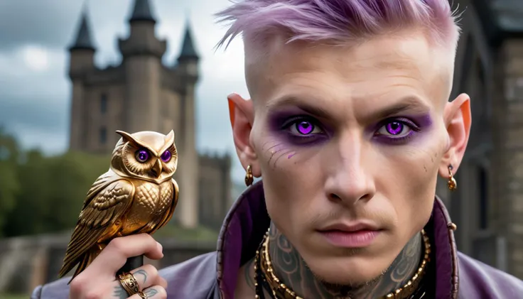 Guerillapunk portrait of a ((Peasant Summoner with Amethyst purple eyes, Pastel Pink Crew cut hair, and Honey Gold skin)). (Pierced lips and Dagger tattoo). (Cufflinks and holds a special Glowing Dagger). Dressed in the (style of Horror) (with Icebound Castle in the background and accompanied by a Celestial Owl).
absurdres, masterpiece, award-winning photography, Volumetric lighting, extremely detailed, highest quality photo, RAW photo, 16k resolution, Fujifilm XT3, realistic skin, detailed face, pores, wrinkles, extreme skin detail, sharp focus, realistic texture
