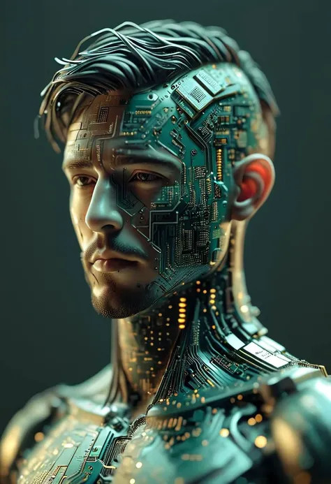 isometric style circuitboard of a handsome man's bust made from circuitboard, ((focus))