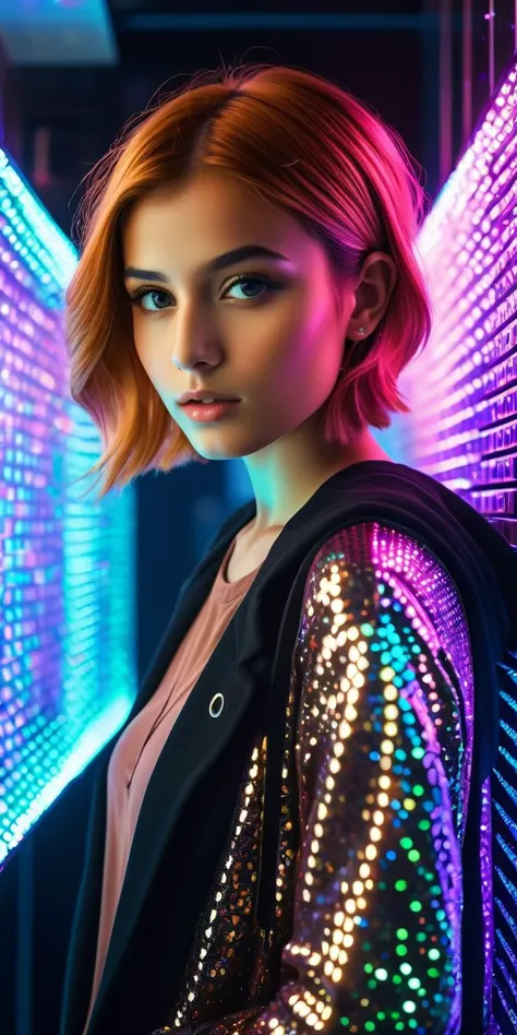 analog photo, dark shot, low key, action, (a intelligent afghan girl, 20 years old:1.1), strawberry blonde pixie bob hair, huge tits, fit, reflections on the wall background, abstraction atmosphere, (prismatic, holographic:1.2), sparkles, neon pixels, (neon light:1.1), chaotic, fashion magazine, (intricate details:0.9), (hdr, hyperdetailed:1.2)