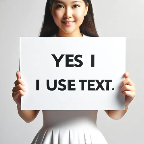 "plain white figure holding a sign that says 'Yes I can use text!', close-up, photorealistic, high resolution, crisp details, natural lighting, white background, simple composition"