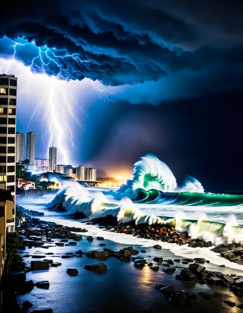 Photograph of A violent tsunami wave crashing into a coastal city at night, with towering walls of water engulfing buildings and streets. The wave is immense and unstoppable, churning with debris and illuminated by sporadic lightning flashes. The sky is dark and filled with heavy clouds, while rain pours down relentlessly. The water surges with incredible force, sweeping away everything in its path, and creating a scene of utter devastation. The image captures the raw, destructive power of the tsunami as it overwhelms the city, captured on a (Hasselblad X1D II 50C)