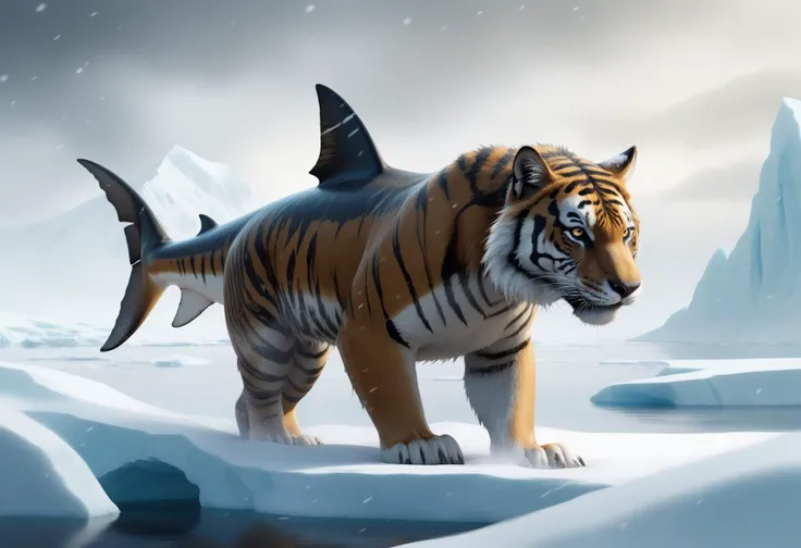 concept art of a shark-tiger hybrid in the Arctic snow. It has the body and head of a tiger and the tail and dorsal fin of a shark. digital artwork, illustrative, painterly, matte painting, highly detailed