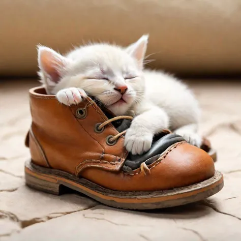 kitten sleeping in a shoe, masterpiece, 8k, high resolution, shallow depth of field, sharp focus
