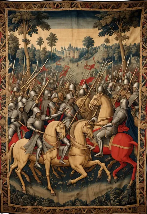 Real life picture, realistic shades and depth, tapestry depicting battle of Grunewald, made in 14th century, gilded with gold, looks old color faded out