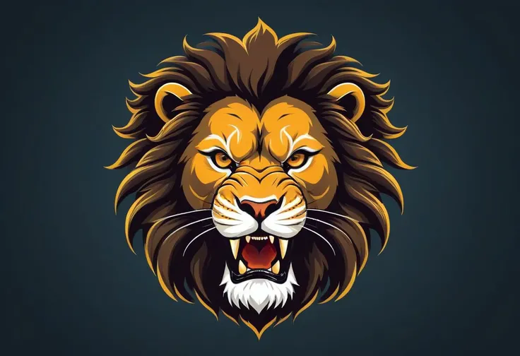 "Produce a striking vector illustration of a ferocious lion head in a 2D flat style, ideal for a football team emblem or logo. Emphasize the lion's furious eyes and fierce expression, creating a centered and attention-grabbing design. Ensure the illustration exudes strength and power while maintaining a clean and symmetrical appearance suitable for a team emblem. Aim for a bold and impactful portrayal of the lion's head, perfect for representing the team's spirit and identity."