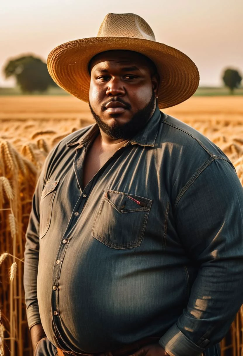 raw photo, a black fat man, a straw hat, (farmer, dirty clothes:1.1), a field with wheat in the background, a ranch, warm lighting, cosy atmosphere, Instagram style, 8k uhd, dslr, soft lighting, high quality, film grain, Fujifilm XT3, (natural skin texture, hyperrealism, soft light, sharp)