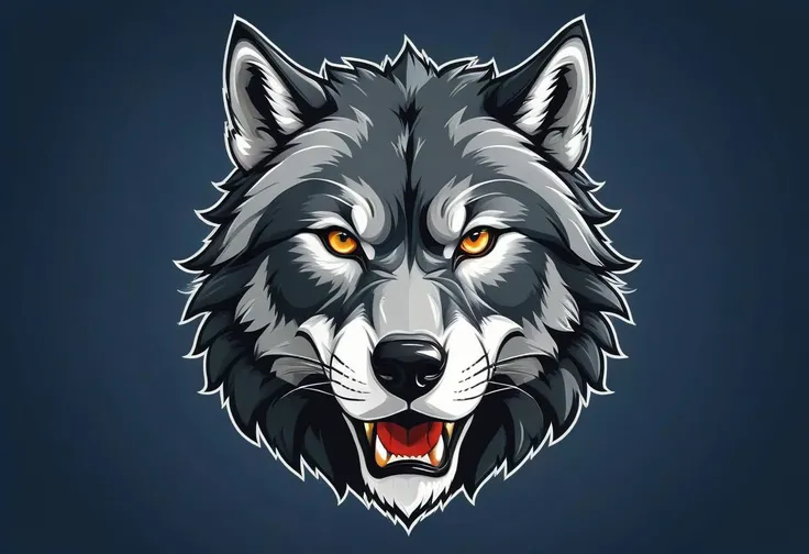 "Craft a compelling vector illustration portraying a powerful wolf head in a 2D flat style, tailored for a football team emblem or logo. Highlight the wolf's intense and determined eyes, creating a centered and commanding design that captivates attention. Infuse the illustration with a sense of strength and resilience, ensuring a clean and symmetrical appearance suitable for emblematic use. Aim for a bold and impactful representation of the wolf's head, symbolizing the team's tenacity and unity."
